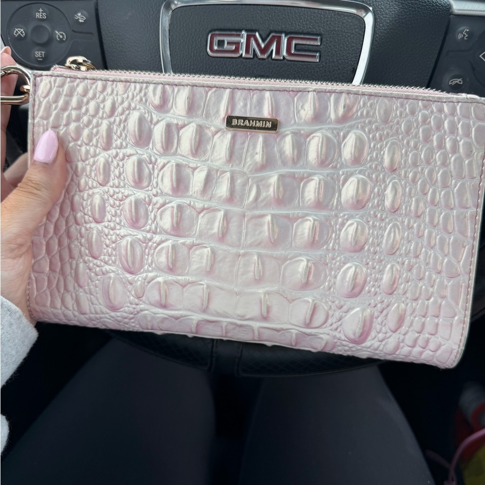 Brahmin Iridescent Pale Pink Croc-Embossed Wristlet